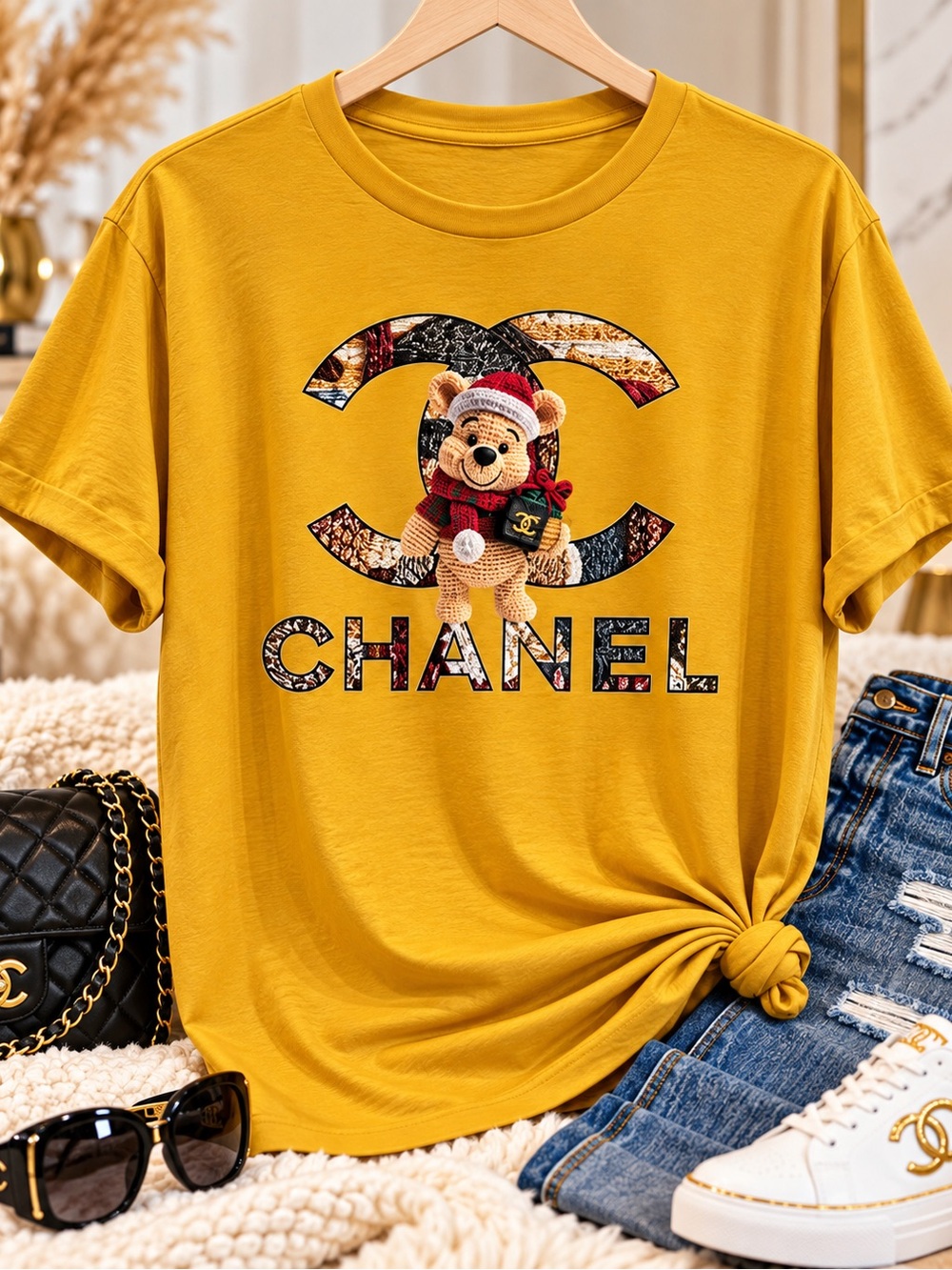 Mustard Yellow Graphic Tee with Pooh Bear Motif